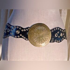Vintage Moroccan Black Leather Wide Belt with Brass Etched Buckle